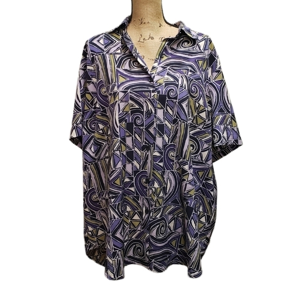 Maggie Barnes Purple Chartreuse Abstract Short Sleeve Button Down Top 20W - Picture 4 of 14